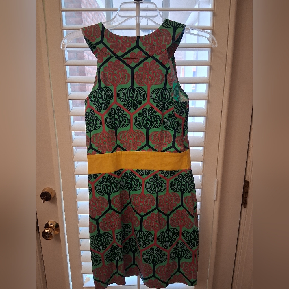 Fitted Green Yellow Pink Patterned Dress, Tracy Negoshian, Size Small